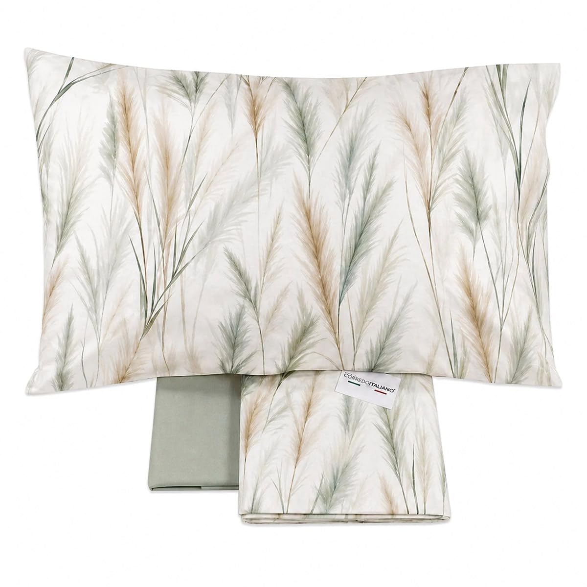 Corredo Italiano Completo Lenzuola Matrimoniale in Percalle di Cotone Effetto Copriletto Spighe Naturali – Lenzuolo Sopra 260x300 cm, Sotto con Angoli 180x200 cm e 2 Federe 50x80 cm – Made in Italy
