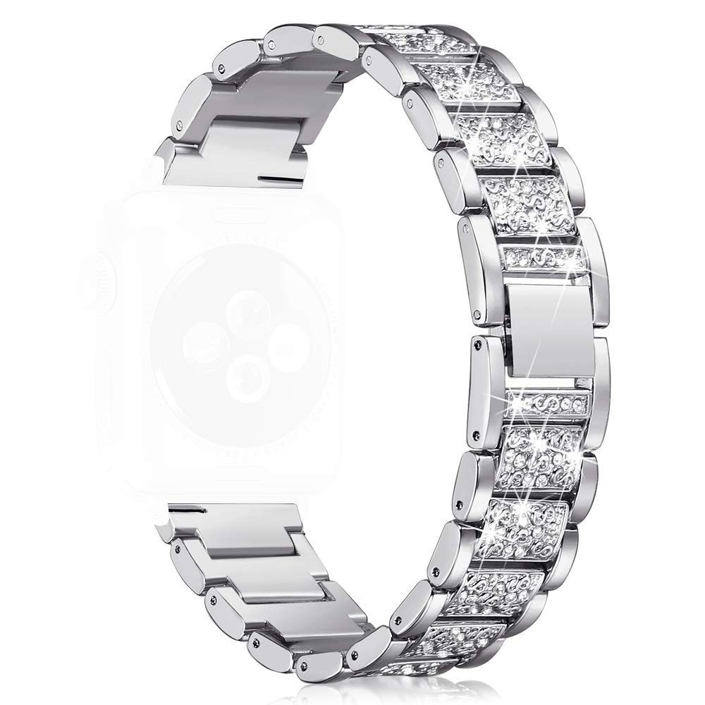 Sikai Diamond Bling 38/40 MM Stainless Steel Replaceable Strap Bracelet Compatible with Apple iWatch Series 1 2 3 4 (Silver)