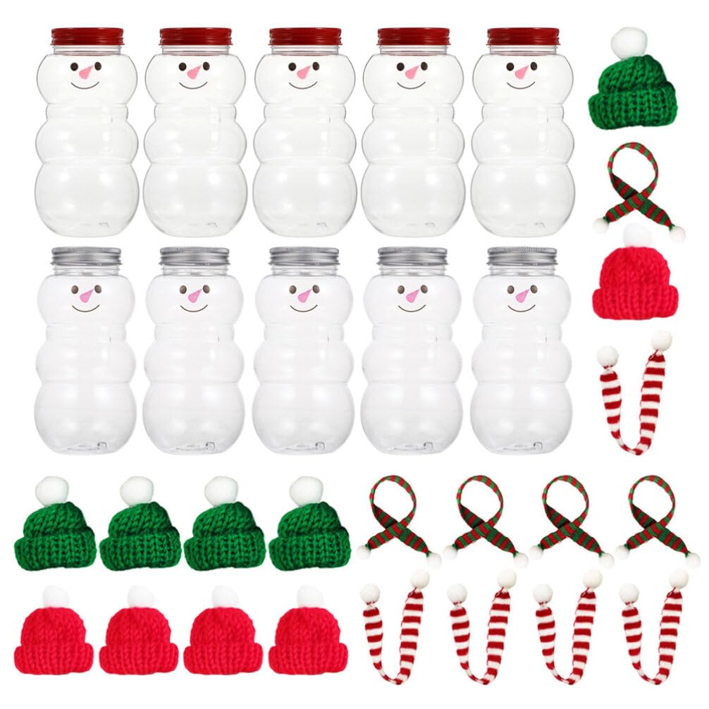 Kichvoe 10 Sets Christmas Plastic Juice Bottle Snowman Man Water Bottles Xmas Plastic Juice Bottles With Caps And Scarfs Empty Beverage Bottles For Drinks Milk 350ml