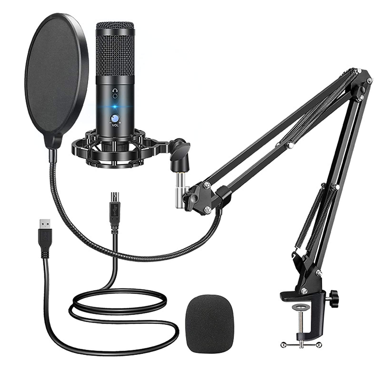 Mikrofon USB Mikrofon pojemnościowy do komputera do gier, komputerowe studio karaoke Do transmisji strumieniowej Stojak na mikrofon Wysuwany mikrofon z filtrem,Black Kits a