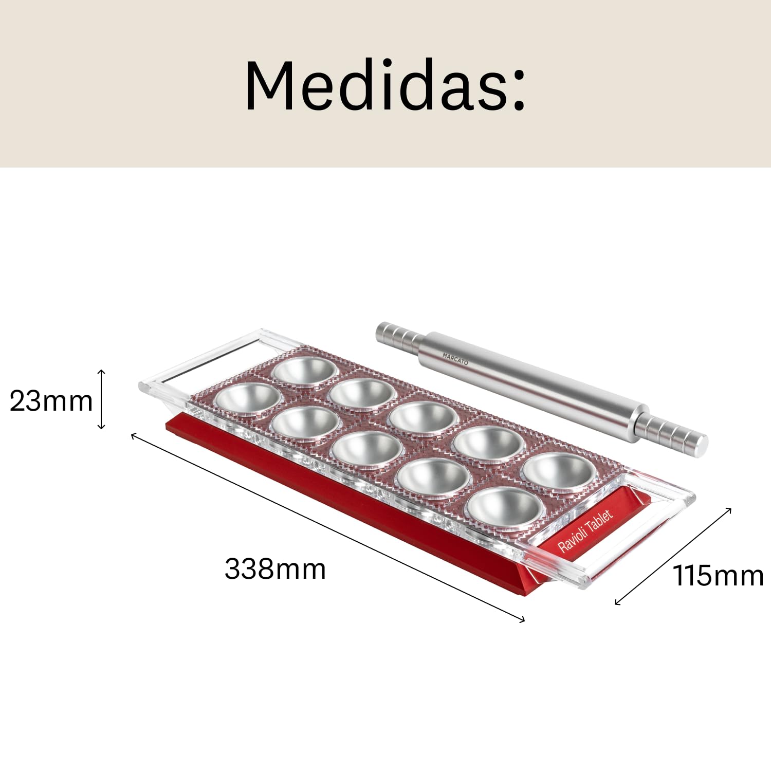 Molde para Raviolis Marcato, Máquina para Raviolis, Formas para Raviolis Caseros, Corte Cuadrado de 50 mm, Mattarello de Aluminio Incluido. Modelo: Ravioli Tablet, Rojo.