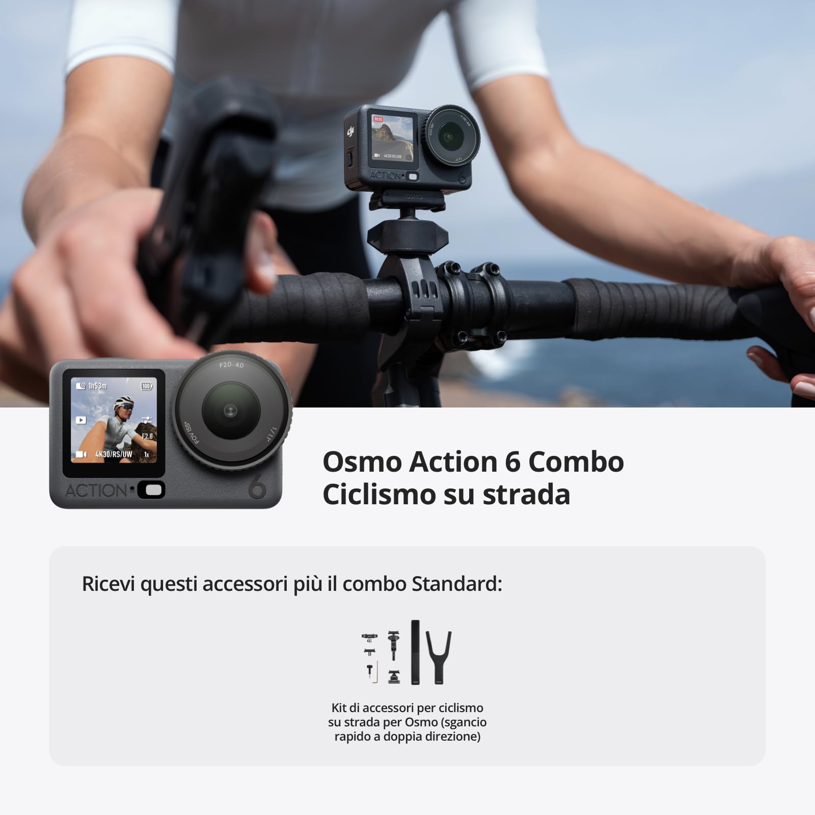 DJI Osmo Action 6 Combo Ciclismo su strada, action cam con kit accessori per ciclismo su strada, batteria da 4 ore, fotocamera 4K ideale per avventure in bici su strada e in città