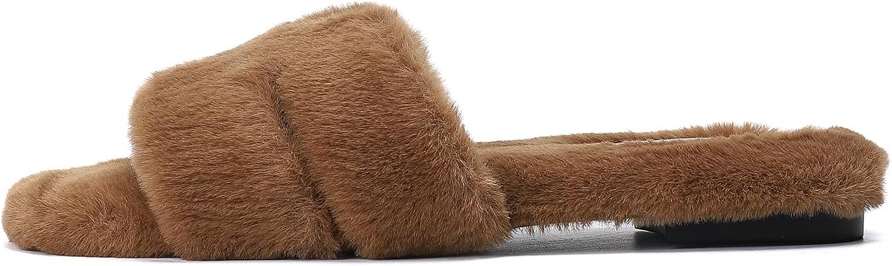 Stratuxx Kaze Womens Fur Slippers Comfy House Slides Sandals Open Toe Memory Foam Indoor Fluffy Slippers for Women Birthday Gift for Mom