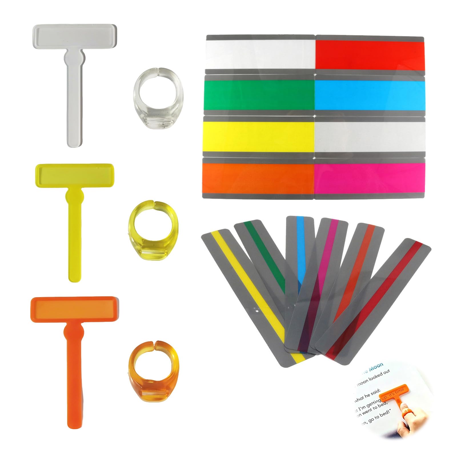 20Pcs Dyslexia Tools for Kids, Coloured Overlays for Dyslexia with Highlighter Guided Reading Strips & Trackers&Finger Pointers,ADHD Reading Aids for Classroom Home, Helps Reduce Visual Stress, Improv
