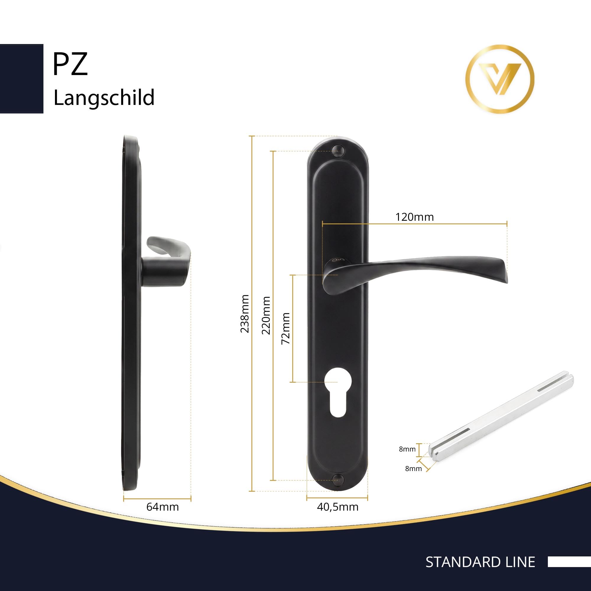 Türklinke Türgriff Drückergarnitur für Außen Haustüren Haustürgriff Nebeneingangstüren Türbeschlag Türdrücker Abstand 72mm Set DIN Links Rechts PZ Langschild Tür 40-62mm Schwarz - K-517-72 P2