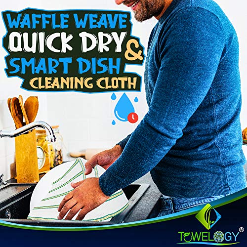 Image of Towelogy Cotton Terry Tea Towels Waffle Weave White Super Absorbent Lint Free Quick Dry Striped Machine Washable 35x40cm (White Green Yellow Stripes, Pack of 5)