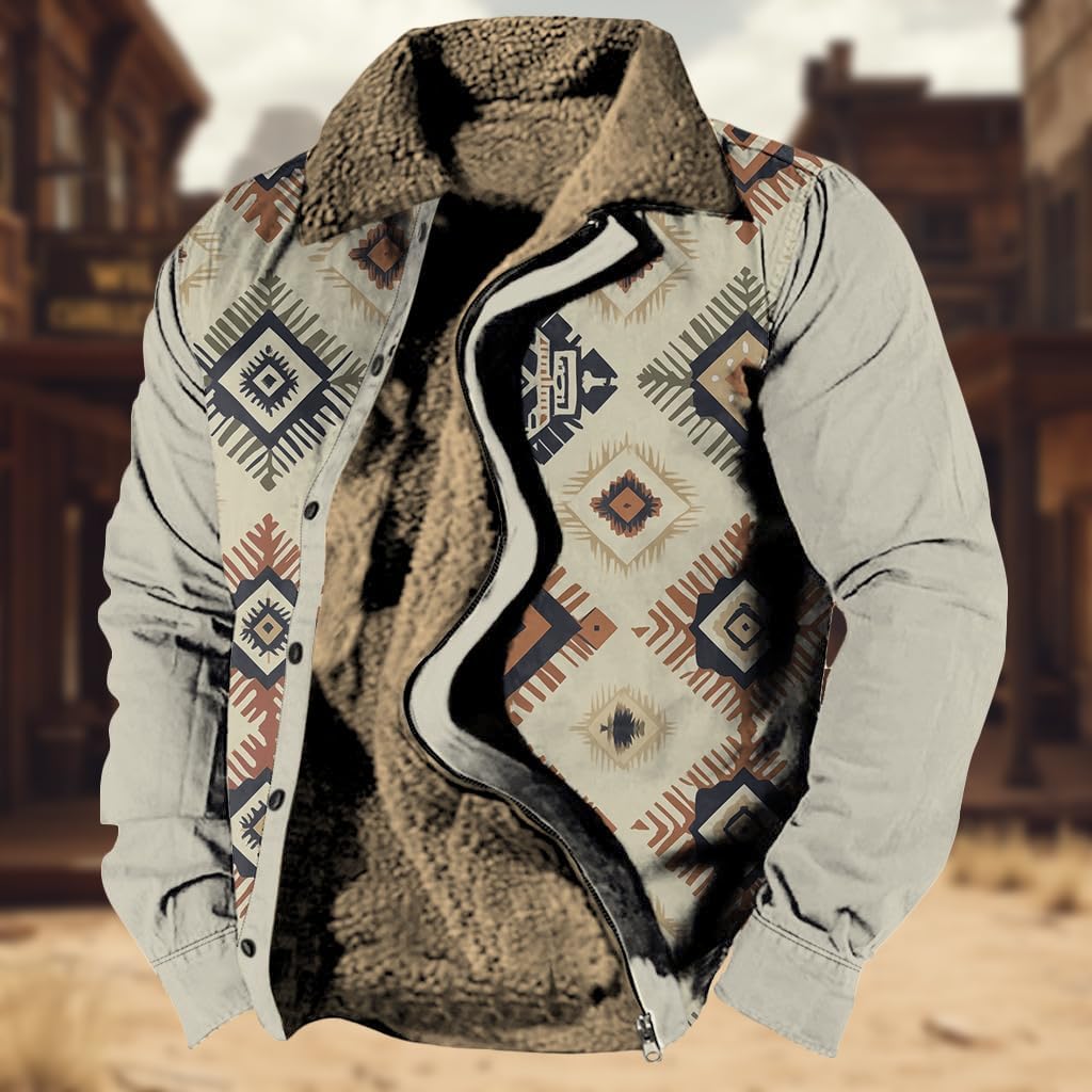 Men's Western Aztec Jackets Vintage Print Cowboy Country Warm Sherpa Jacket for Men Fleece Zipper Winter Coats - Image 2