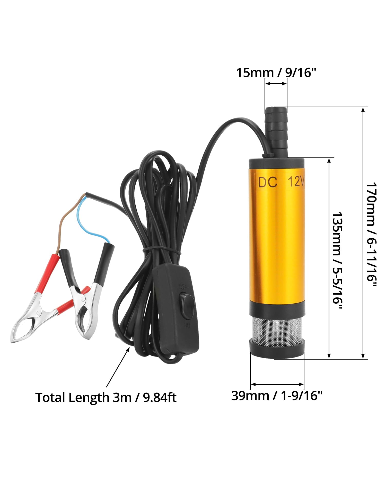 QWORK® Pompa wodna 12V 38MM, pompa wysokoprężna z zaciskiem, stal nierdzewna, kabel zasilający 3M, do oleju napędowego, nafty, wody