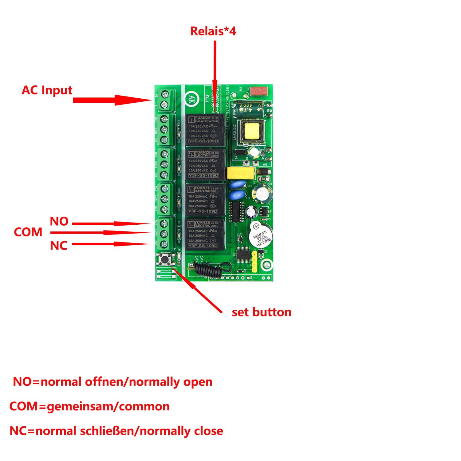 Fubei Interrupteur 220 V 230 V 10 A Télécommande sans fil 4 canaux RF Système récepteur 220 V Interrupteur relais 4 canaux Télécommande 433 MHz NO NC COM libre de potentiel