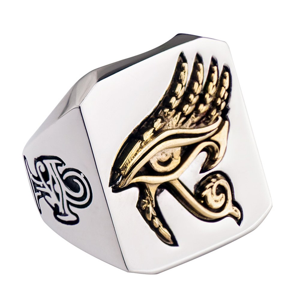 ForFox Anillo ojo de horus egipcio dorado de acero inoxidable titanio para hombres y mujeres,talla 14-27