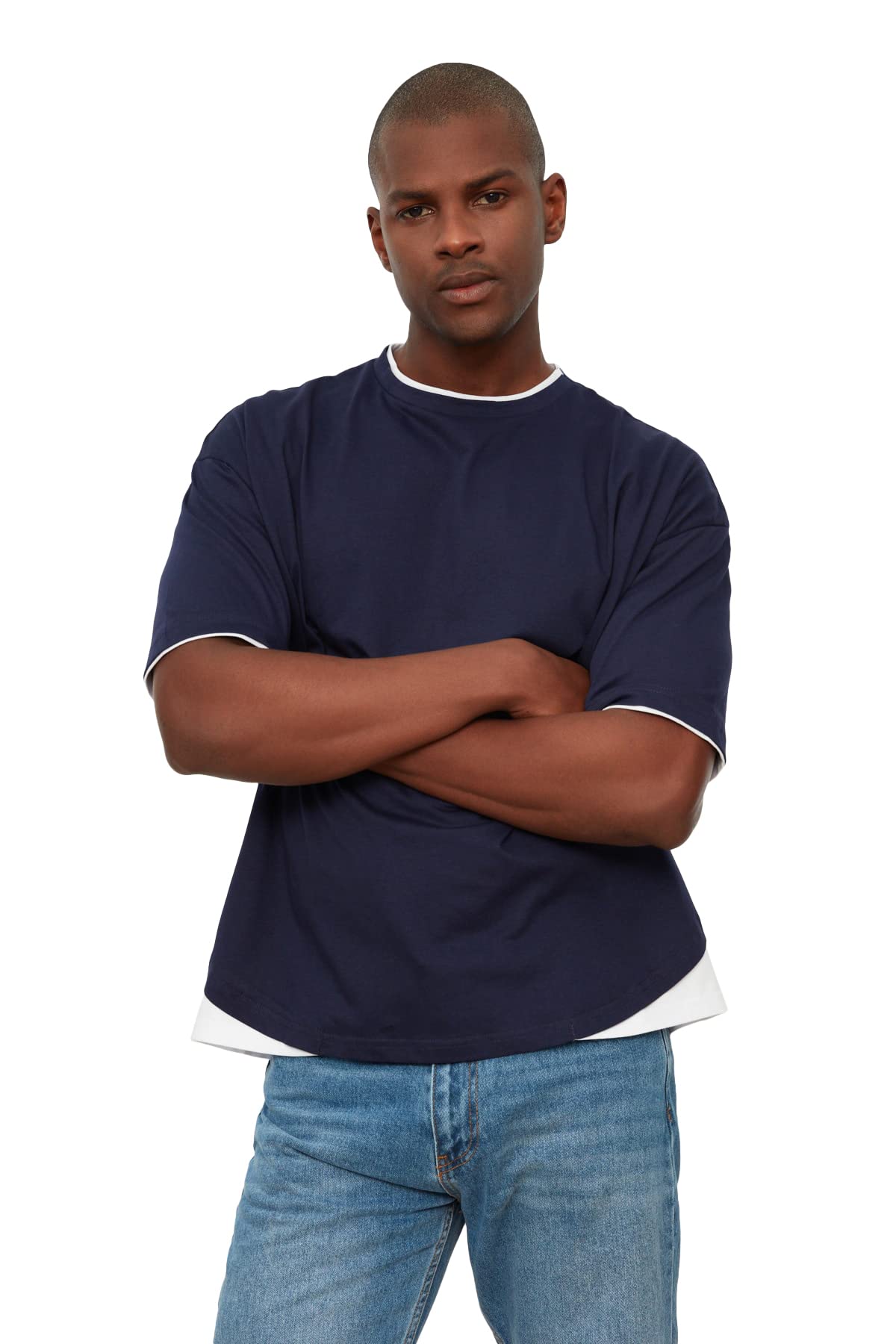 Trendyol Herren Navy Man Menswear Oversize Standard Crew Neck Woven T-Shirt Blue