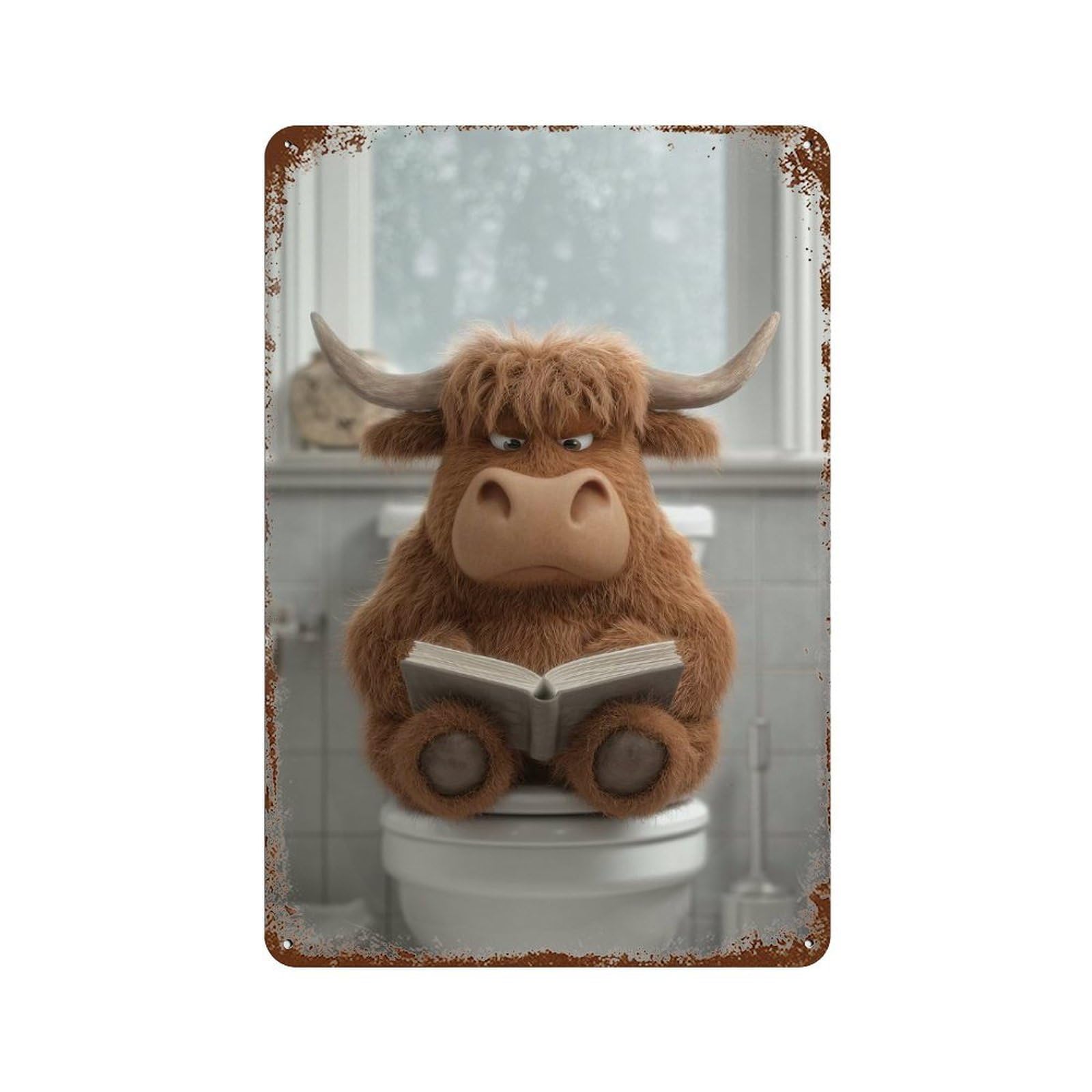Cartoon Highland Cow Reading on Toilet 11.8"x7.9" Weathered Tin Sign, Shabby Chic Decor for Farmhouse, Kitchen And Entryway Decor