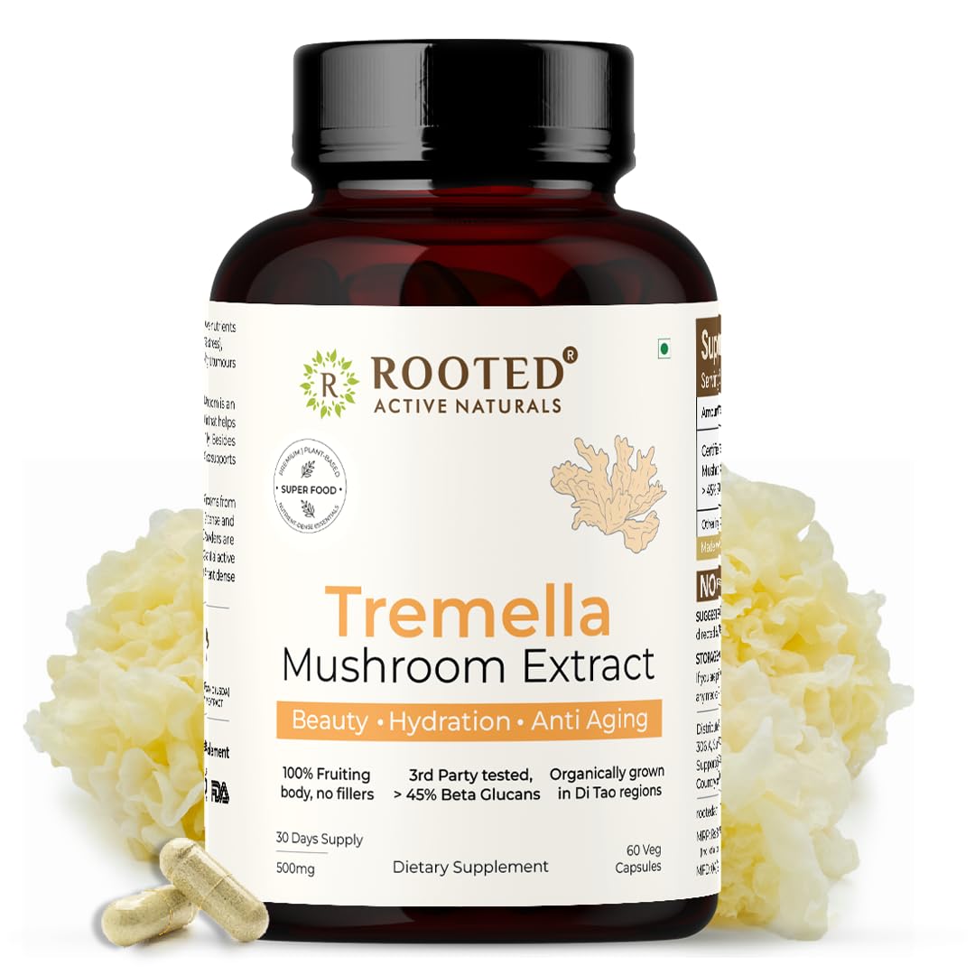 Rooted Actives Tremella Mushroom Extract (60 Veg caps, 500 mg) |Beauty, Skin Glow, Collagen booster, Hyalyronic acid, Hydration| 45% Beta Glucans