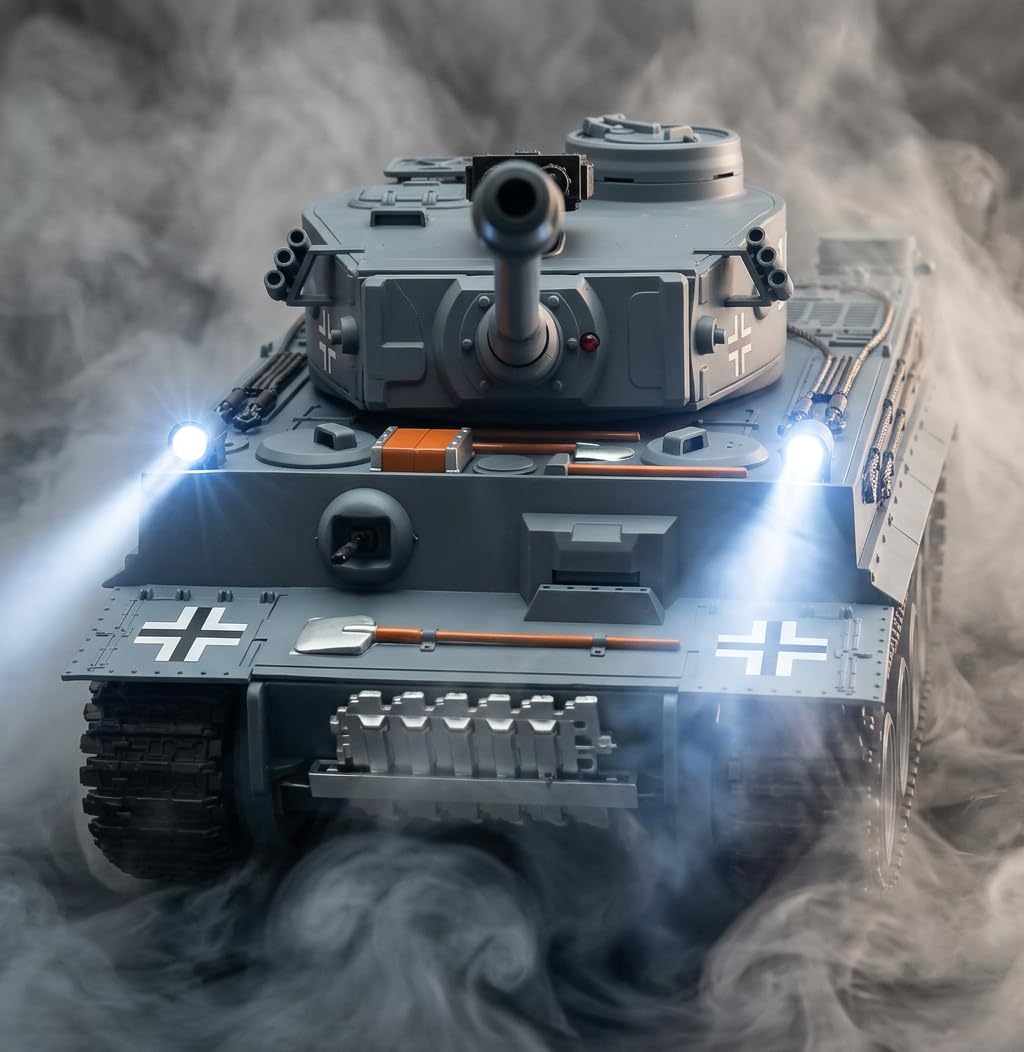 efaso Ferngesteuerter Panzer German Tiger I grau Maßstab 1:18, RC Panzer mit Schussfunktion Rauch und Sound RTR mit LED Lichtern