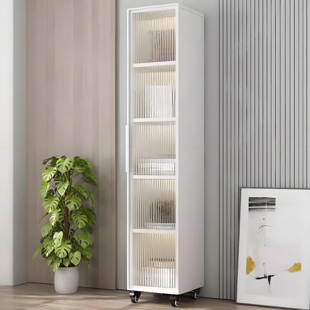 YVYKFZD 5 Tier Slim Storage Cart, MDF Rolling Spice Rack, Utility Kitchen Cart with Wheels and Tempered Glass Doors, Mobile Narrow Storage Cabinet, for Small Spaces(White+C,15.7"x16.5"x66.1")