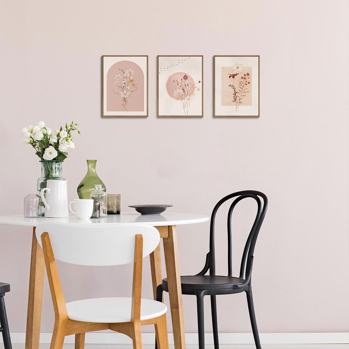 KISSFOX 3 Piece Framed Wall Art Botanical Wall Decor Pink Flower Pictures Wildflowers Canvas Art Watercolor Floral Paintings Minimalist Boho Artwork for Living Room Bedroom Bathroom