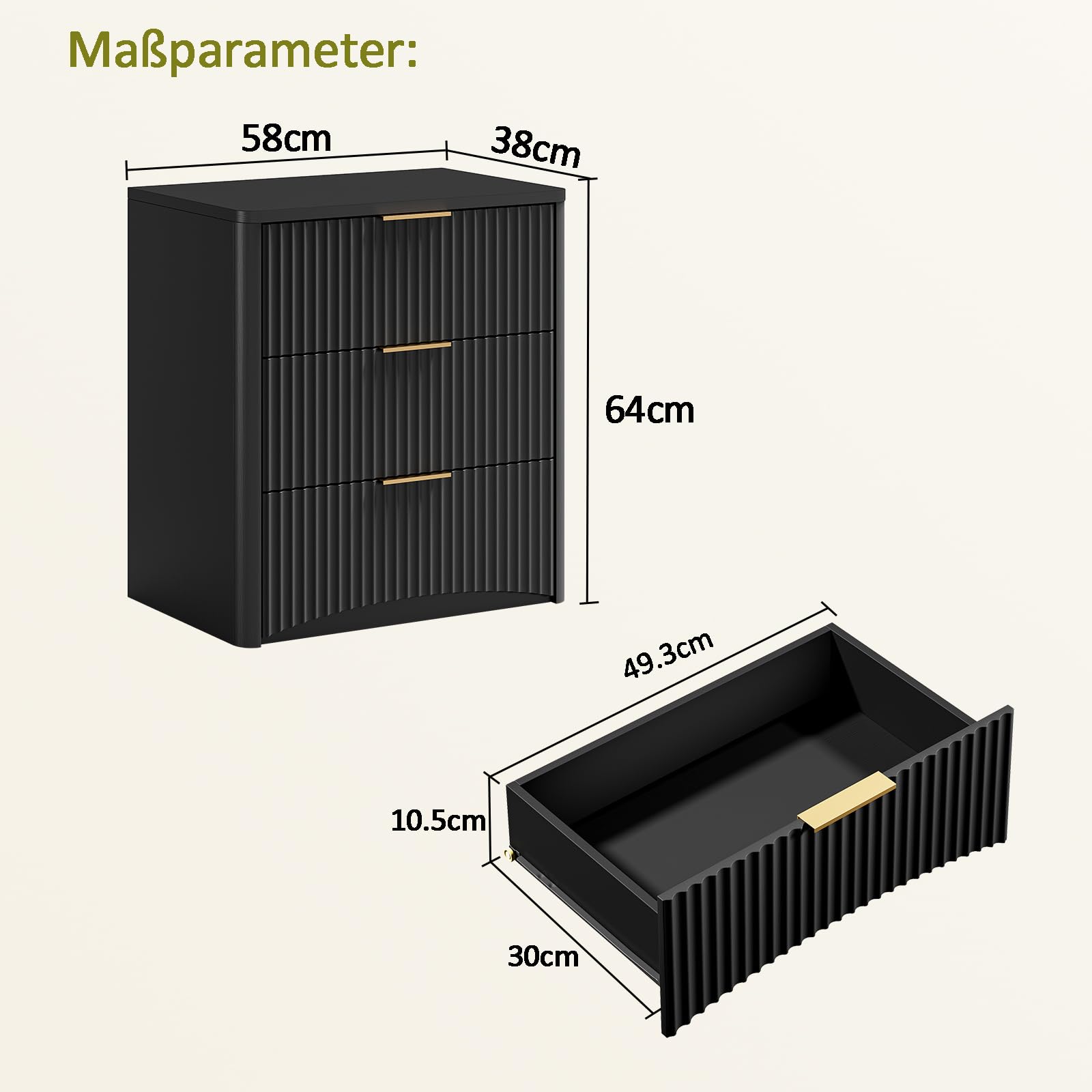 Table de Chevet 3 Tiroirs Chne 58x38x64 cm Meuble de Nuit Bois avec Rangement Silencieux, Poignées Métalliques Dorées, Plateau Anti-Rayures, Charge 30 kg pour Chambre à Coucher Adulte (Black)