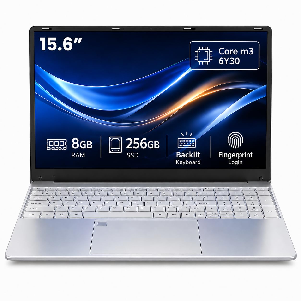 Computer portatile FHD da 15,6 pollici, 8 GB RAM 256 GB SSD, processore Core M3-6Y30 Win 11 laptop con lettore di impronte digitali, tastiera retroilluminata, WiFi 5, USB3.0, laptop sottile