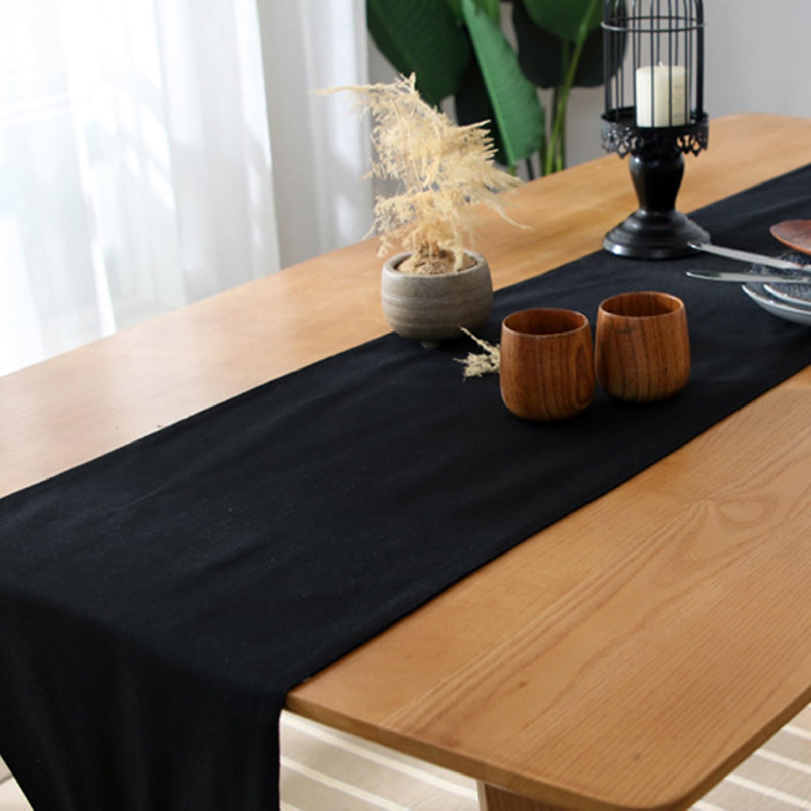 Tischläufer Polyester Landhausstil, Tischläufer Wohnzimmer 33x200 cm, Schwarzer Leinenoptik mit Quasten