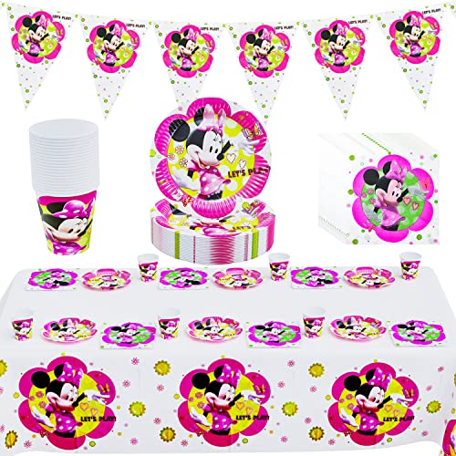 TLESMH Minnie Vaisselle de Fête 62 Pcs,Minnie Anniversaire Vaisselle,Minnie Anniversaire,Minnie Fête de Décoration,Assiettes,Drapeau Triangulaire,Tasses,Serviettes,Nappes,Décoration Anniversaire Fête