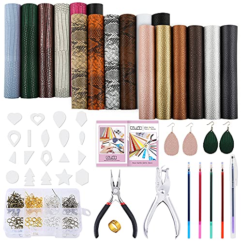 Caydo 3 Style 18 Pieces Faux Leather Sheets with Instructions, Earring Cut Template and Earrings Making Tools Kit for Making Leather Earrings Bows and Crafts(6.3 X 8.3 inch)
