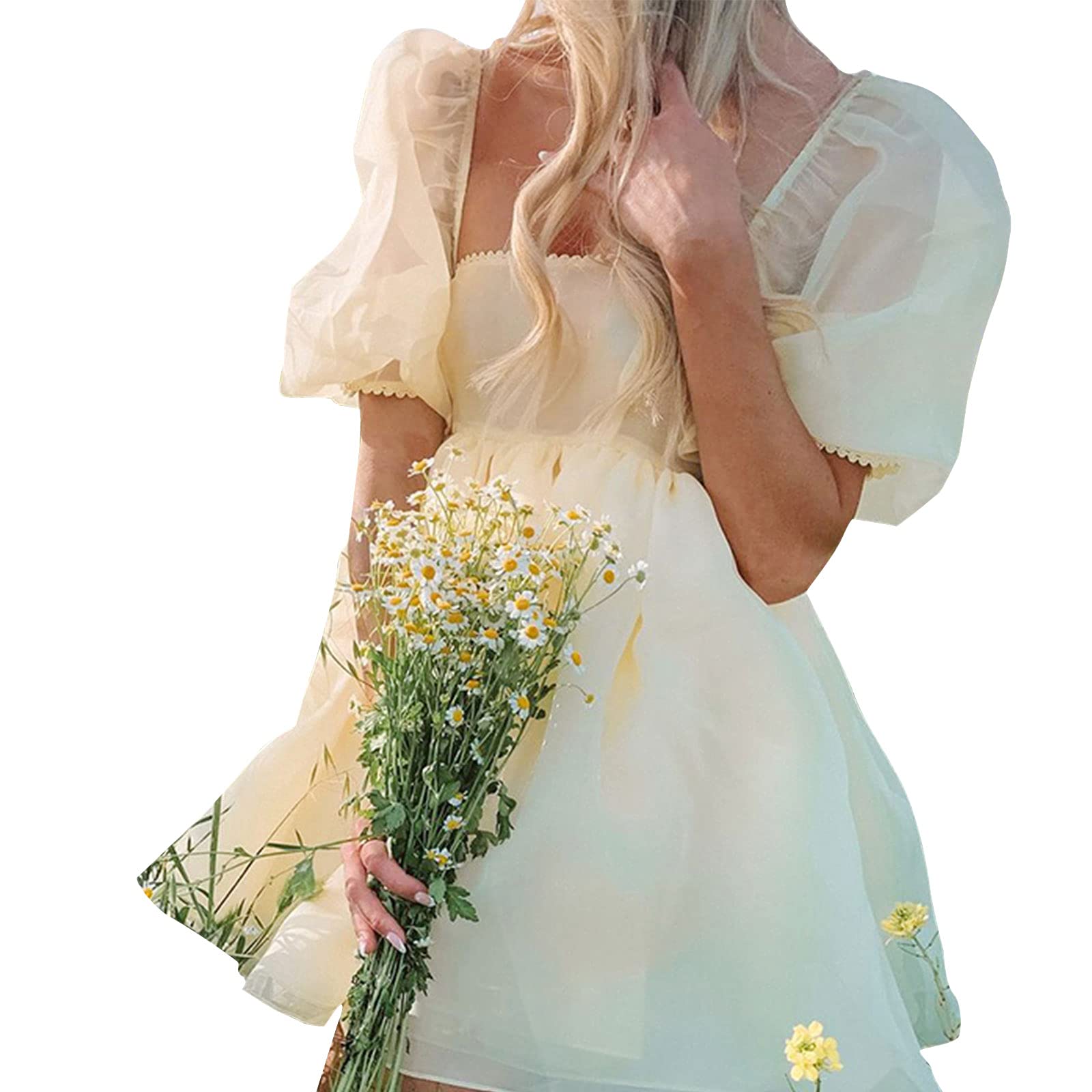 PejihotaWomens Off-Shoulder Ruffled Fluffy Short-Sleeved Mesh Party Mini Princess Dress