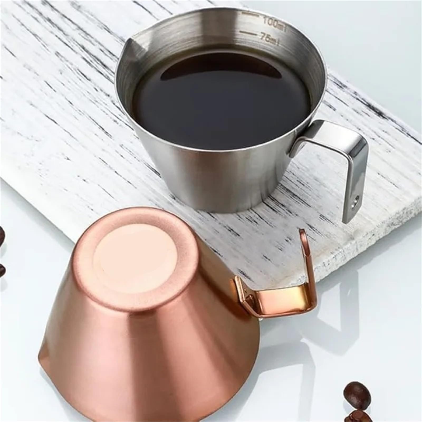 Taza medidora de café expreso acero inoxidable, 2 uds., 100ml, con mango, boquilla for espumar leche, herramienta Barista for Cocina Para Espumar(Silvery)