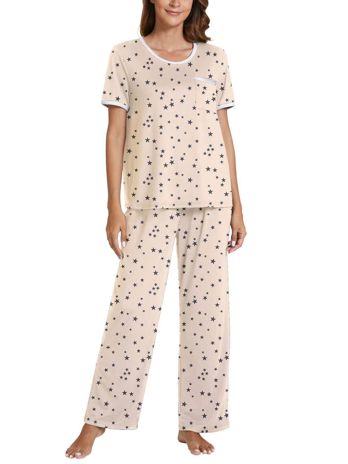 POKWAI 2024 Star Print Pajamas for Women Sets Soft Comfy Short Sleeve Tops and Pants Pajama Set Sleepwear Pjs