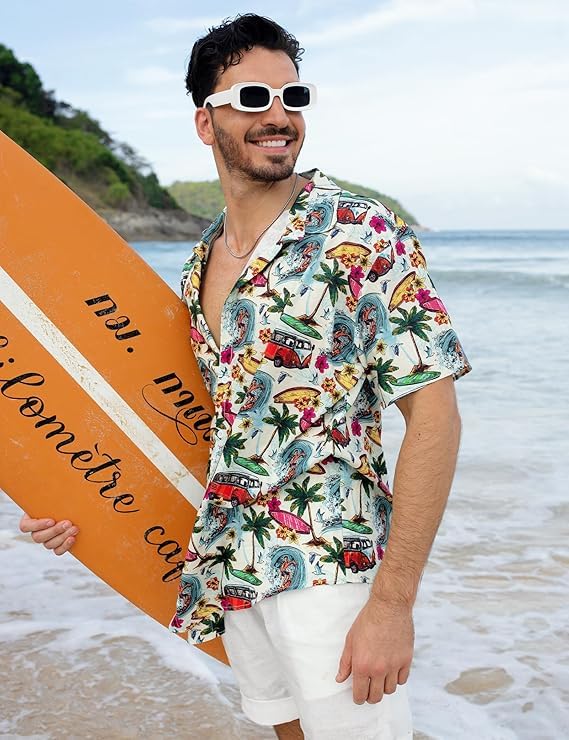 Image of Yoimira Hawaiian Shirts for Men, Print Mens Casual Short Sleeve Button Down Shirts Floral Aloha Beach Shirt