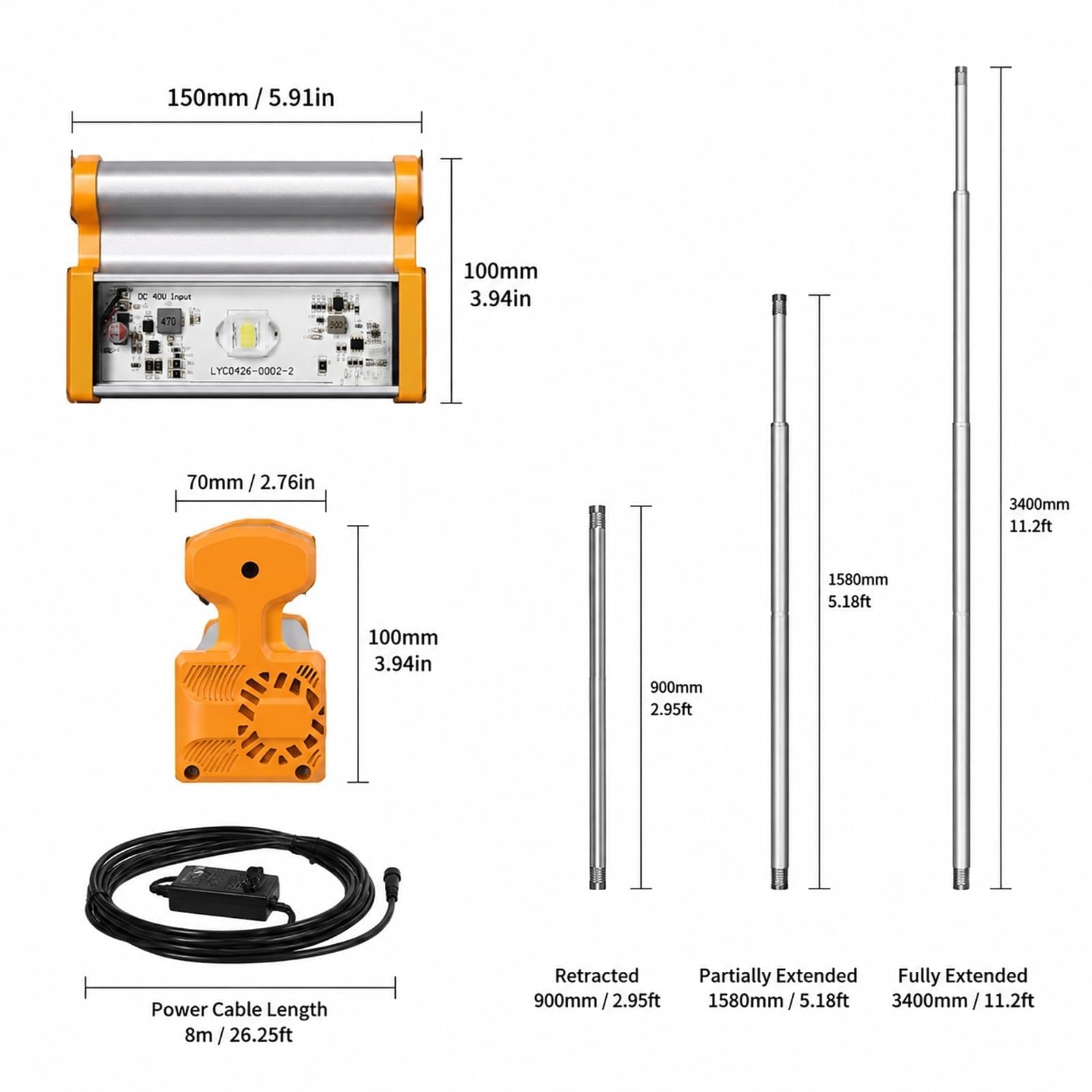 Lampada Per Lucidatura Pareti, Lampada A Led Per Imbianchini Con Asta | fascio luminoso di 155° e 3 livelli di luminosità, rotazione a 360°, doppie fessure di montaggio, per pareti e piastrelle