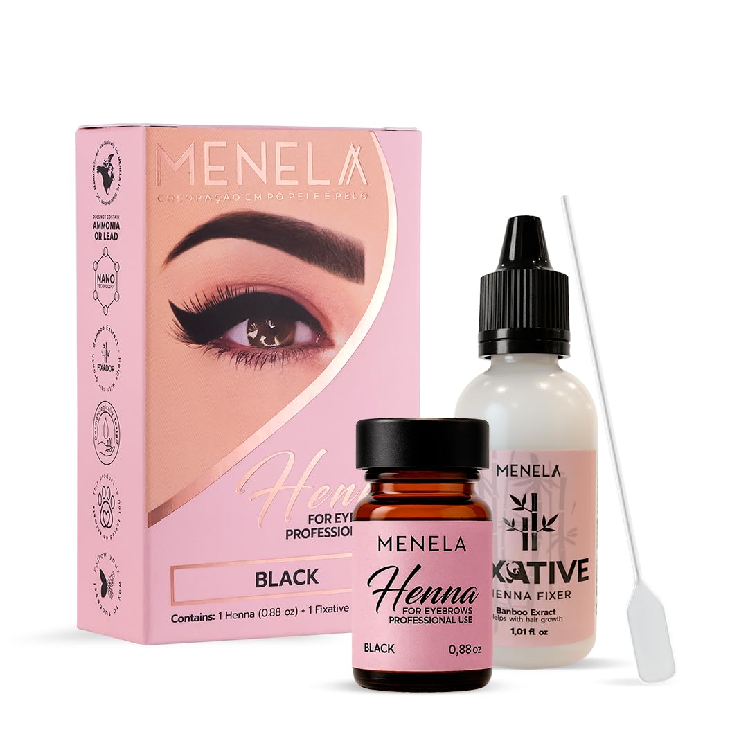 MENELA Eyebrow Henna Tint Kit - Black Brow Color with Bamboo Extract - Natural Look, Easy Application - 2.5g Henna + 15ml Fixer - Ammonia-Free, Vegan, Cruelty-Free