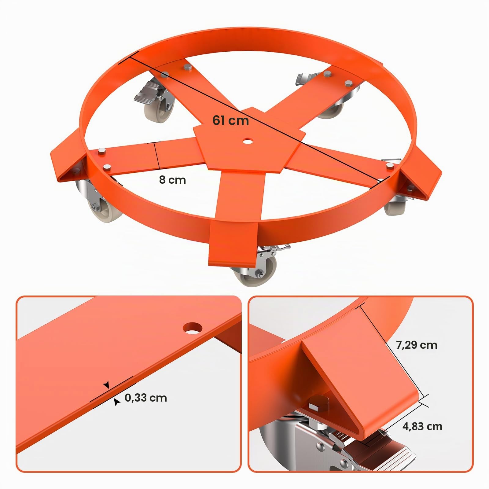 Chariot de transport pour fûts, chariot de transport pour fût métallique de 210 litres, capacité de charge 570 kg, diamètre du fût 60 cm, fût avec 5 roues universelles, plateau roulant en métal