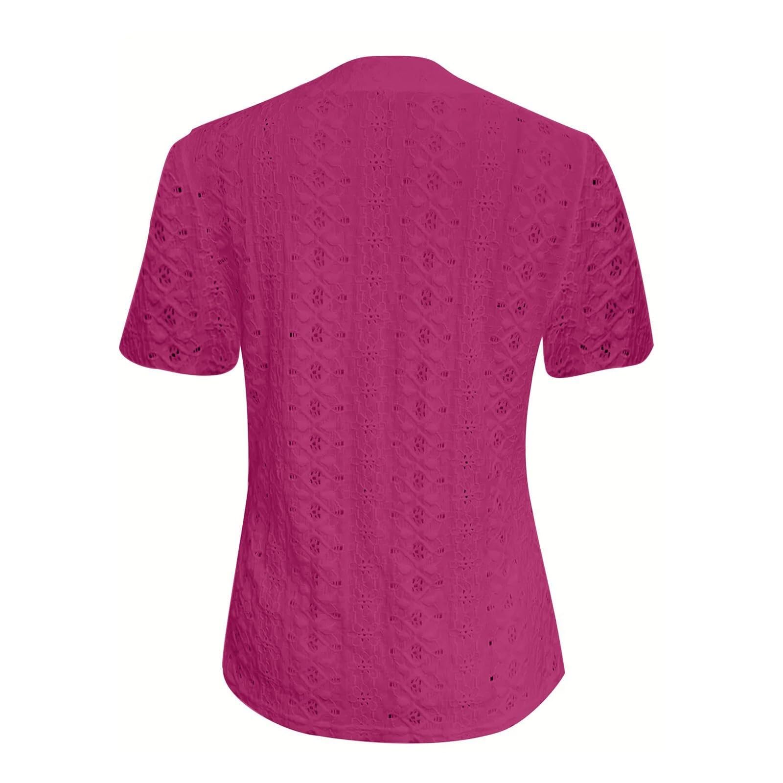 Chemisier pour femme - Broderie - Manches courtes - Col en V - Avec boutons - Pour l'été | Matériau léger à œillets, design de broderie ludique, coupe féminine, polyvalent