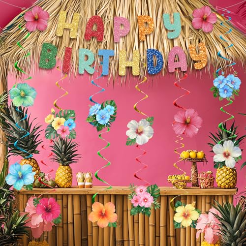 Image of Hawaiian Birthday Party Decorations Hibiscus Flower Birthday Banner and Hanging Swirls for Luau Tropical Aloha Summer Beach Party Decoration Supplies