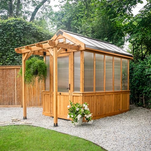 Image of Backyard Discovery Bellerose 9' x 6' Cedar Wood and Polycarbonate Walk-in Greenhouse Kit with Pergola, Exhaust Fan, Windows, Hose Hook-Ups, PowerPort, Staging Shelves for Year-Round Outdoor Gardening
