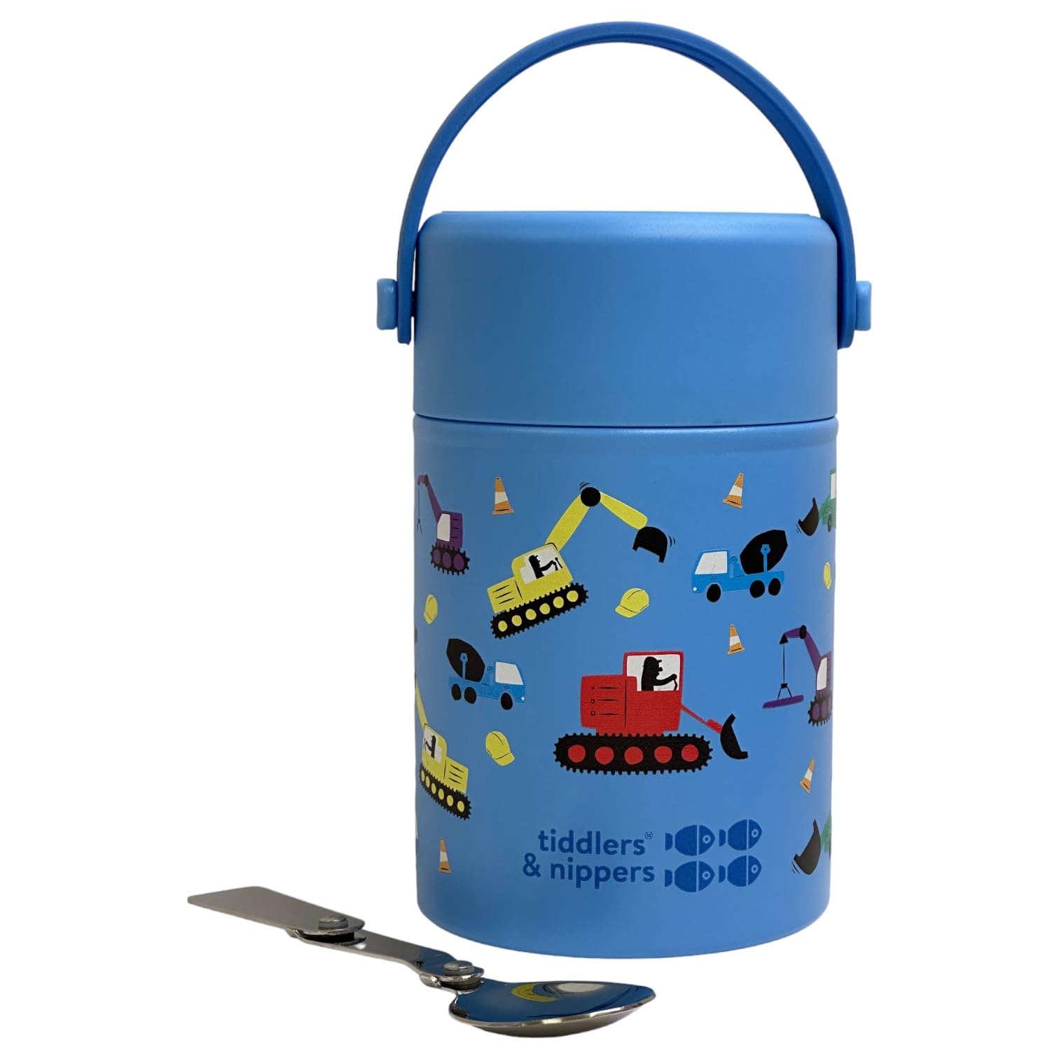 tiddlers & nippers Stainless Steel Vacuum Insulated Double Wall Kids Reusable Food Flask 500ml Capacity | Keeps Cool for 20hrs & Warm for 10hrs+ (Diggers & Lorries)