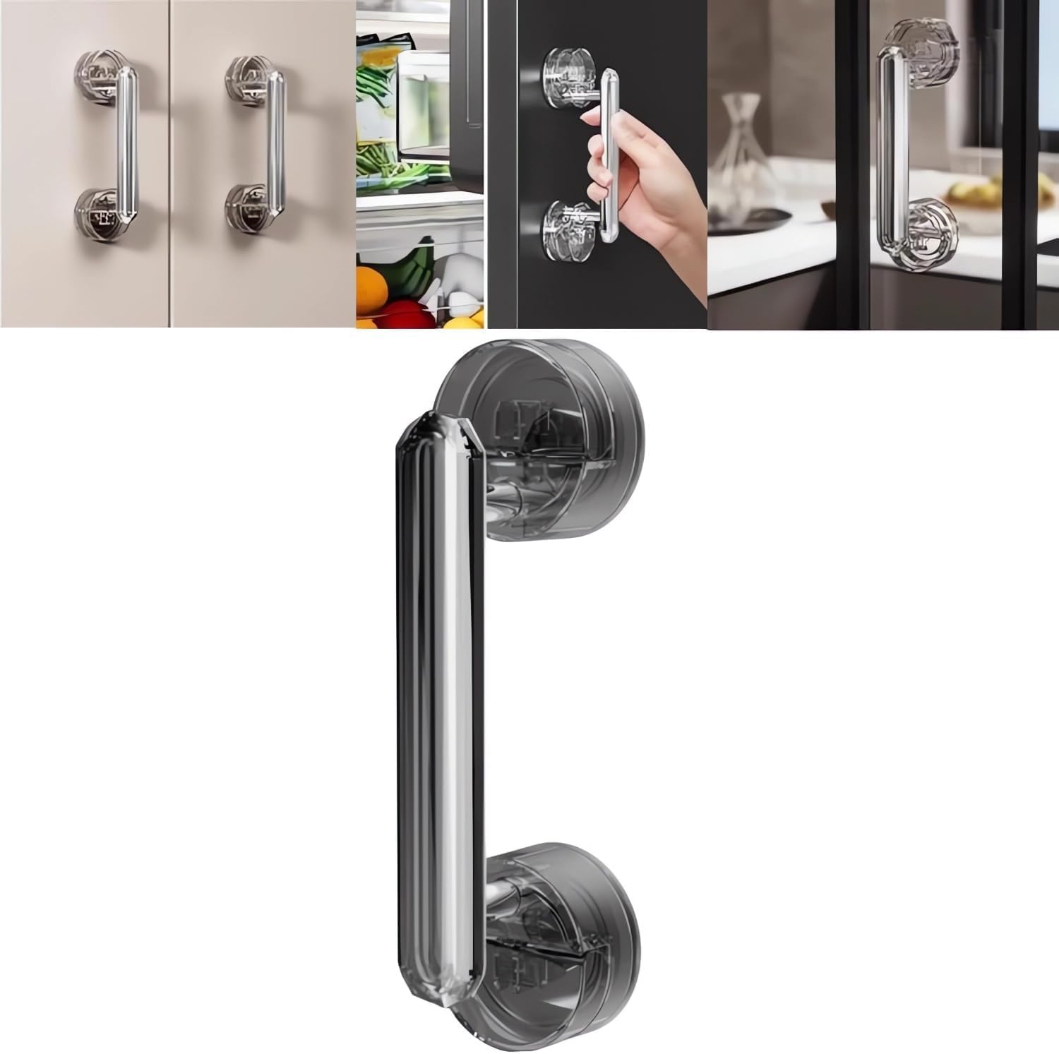 Cmeilau 2024 New Diamond Strong Hold Suction Cup Door Handle, Reuse Waterproof No-Punching Glass Door and Window Handles, Removable No Drilling Handrail for Bathroom,Toilet,Cabinets (Grey)