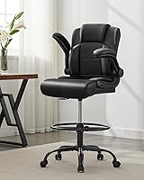 KWKSV Ergonomic Tall Drafting Chair for Standing Desks - Flip-Up Arms, Adjustable Height & Foot Ring, 500lb Leather Office Stool