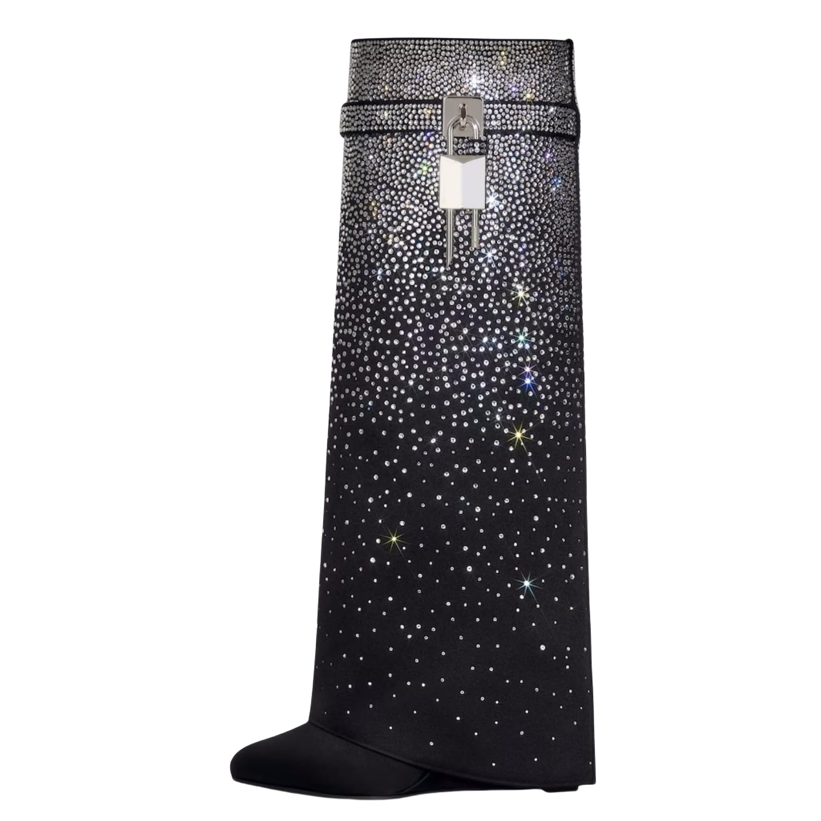 XEYANFYS Rhinestones Fold Over Knee High Boots for Women Shark Lock Boots High Shaft Wide Calf Fashion Boots Blue Black Boots Pull on Party Concert