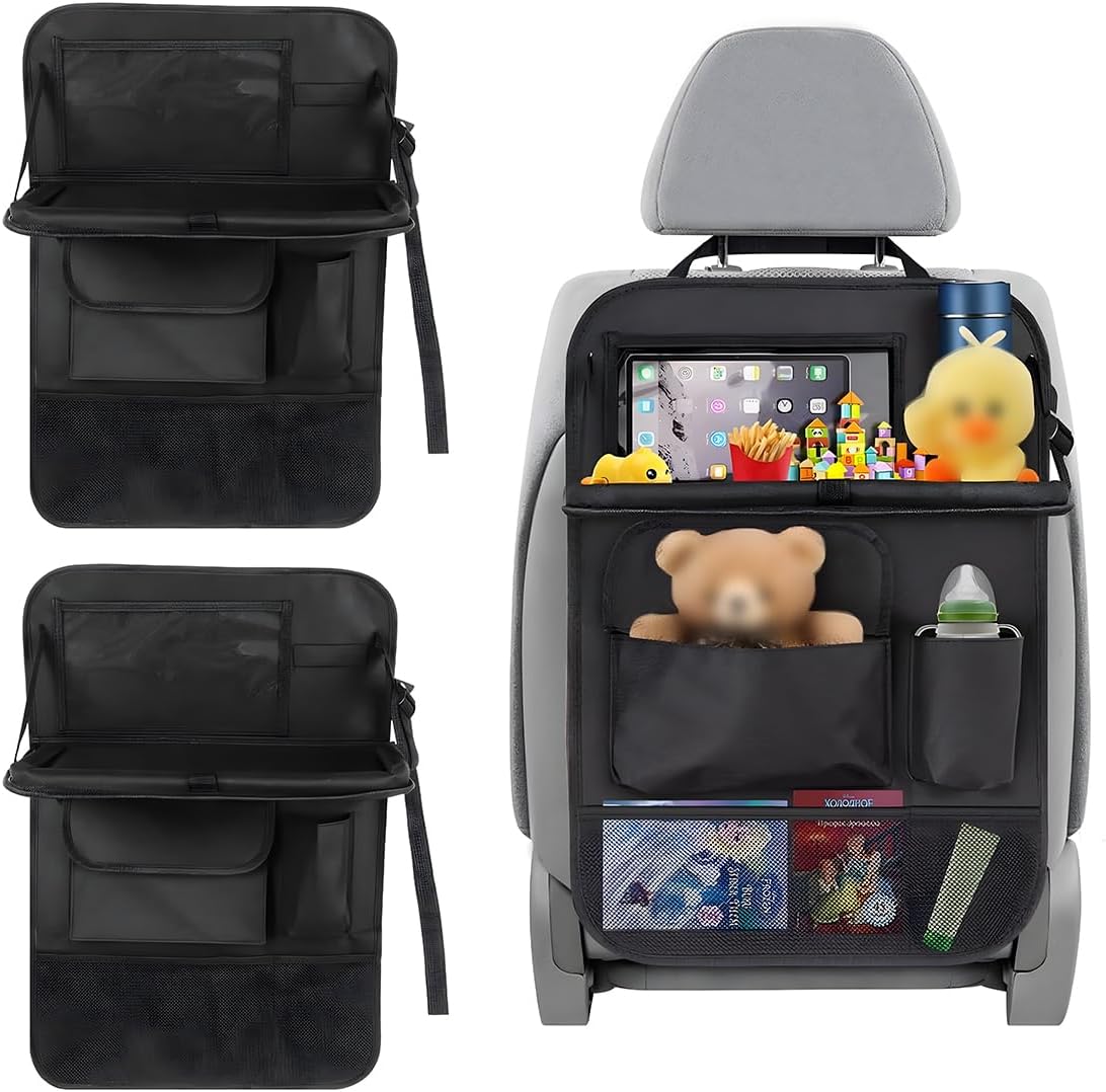2PCS Car Backseat Organizer, Waterproof Practical Back Seat Protector with Tablet Holder, Hanging 6 Storage Pockets with Foldable Table Trays for Vehicles, Car Accessories