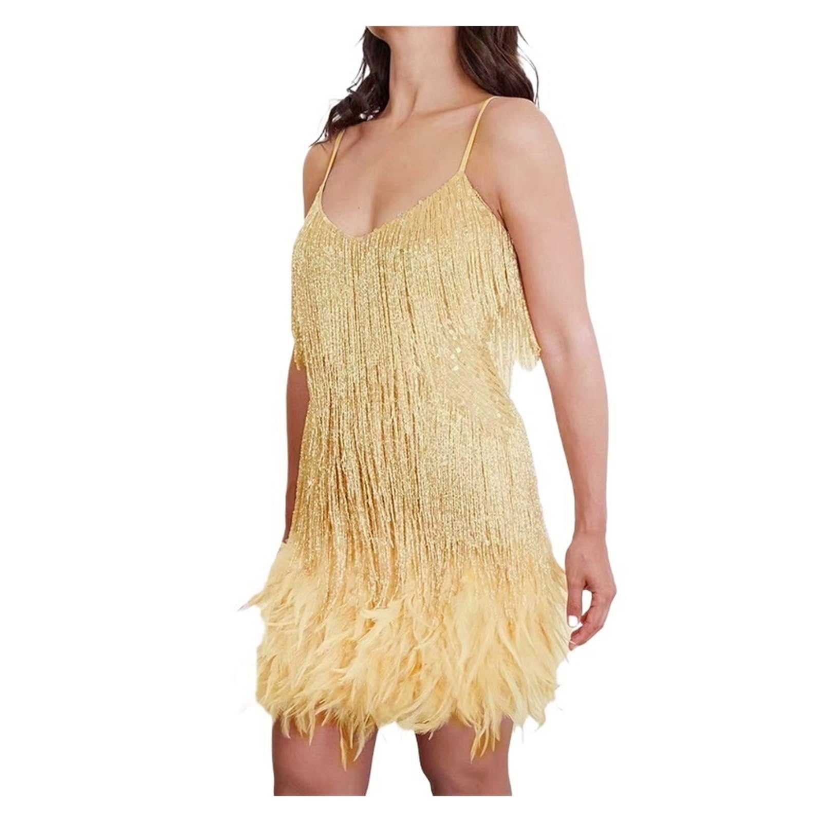 HWJFDC Tassel Dress Sexy Tassel Sequins Feather Mini Dress Women Gold Cocktail Dresses Female Elegant Evening Party Club Prom Dress(Gold,XS)