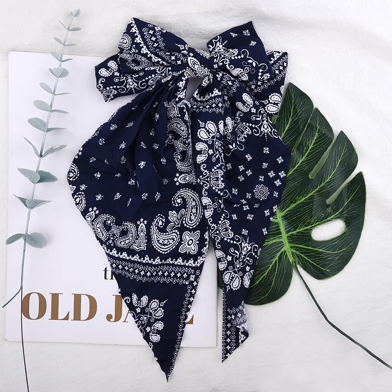 Navy Blue Bandana Print Bow Hair Clip for Women Girls Large Hair Bows for Girls Women French Paisley Barrette Hairpins for Thick Fine Hair Boho Bow Hairpin - Image 3