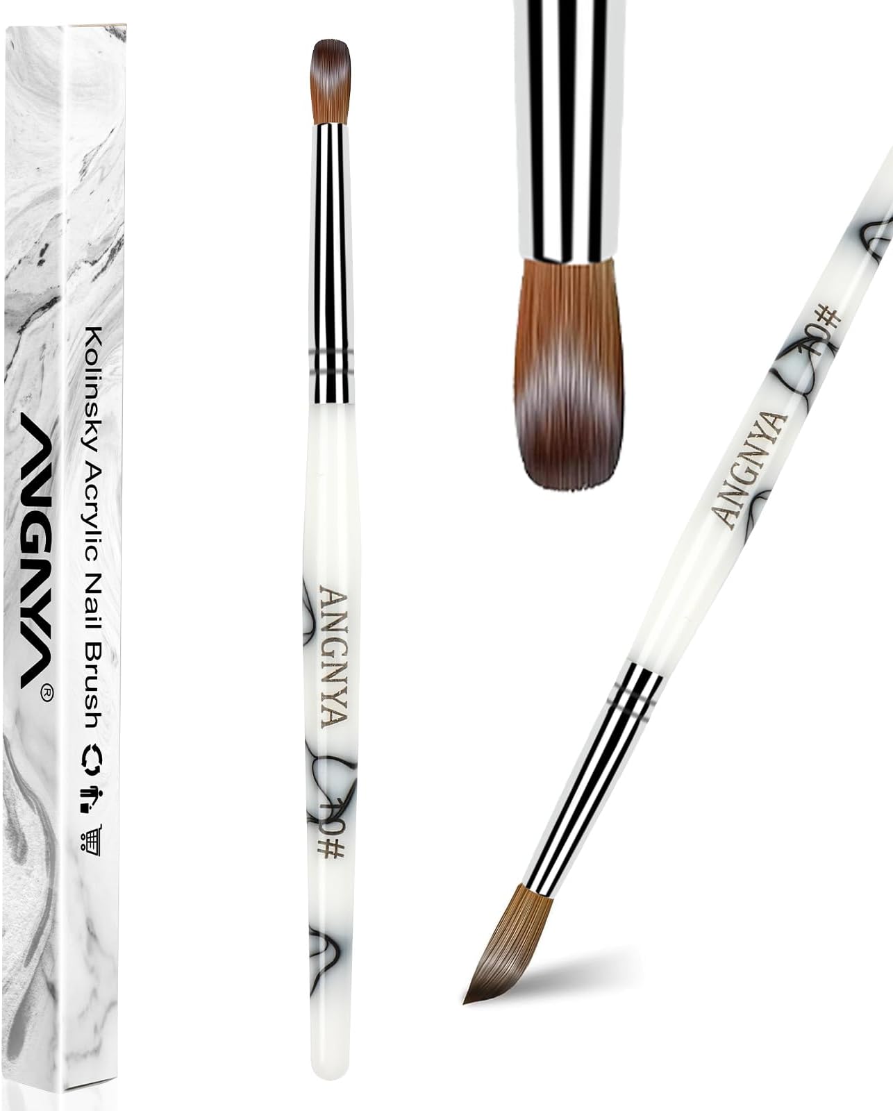 ANGNYA Acrylic Nail Brush Kolinsky Hair Classical Design White Acrylic Handle Professional Nail Brushes 10