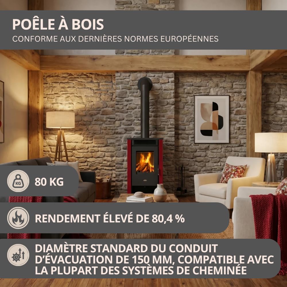 Prity K2 GT Poêle à bois 8,1 kW, classe d'efficacité énergétique A+, rendement 80,4 %, tuyau de fumée Ø 150 mm, construction robuste en acier et fonte
