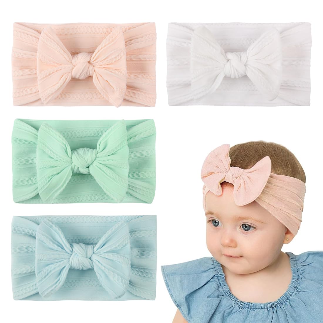 Set di 4 Fascette per Capelli Neonata con Fiocco, Fascie Bimba Elastiche e Morbide per Fasci Neonata, Battesimo, Feste e Fotoshooting