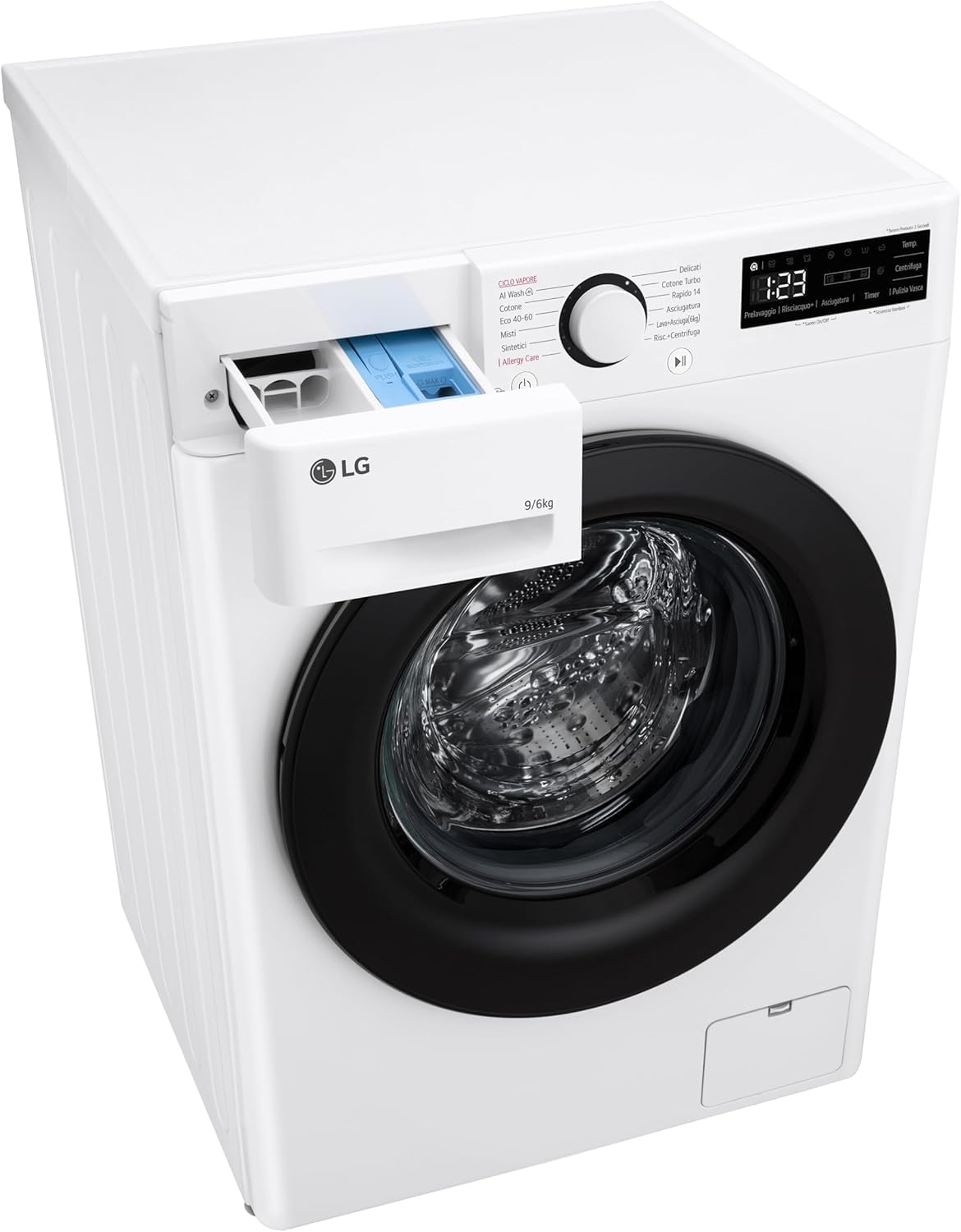 LG AI DD D4R3009NSWB Lavasciuga 9 / 6kg Serie R3 Classe A-10%/D, Lavatrice e Asciugatrice Insieme, 1400 giri, Lavaggio a Vapore, Eco Hybrid, Allergy Care, Motore Inverter Direct Drive, Bianca