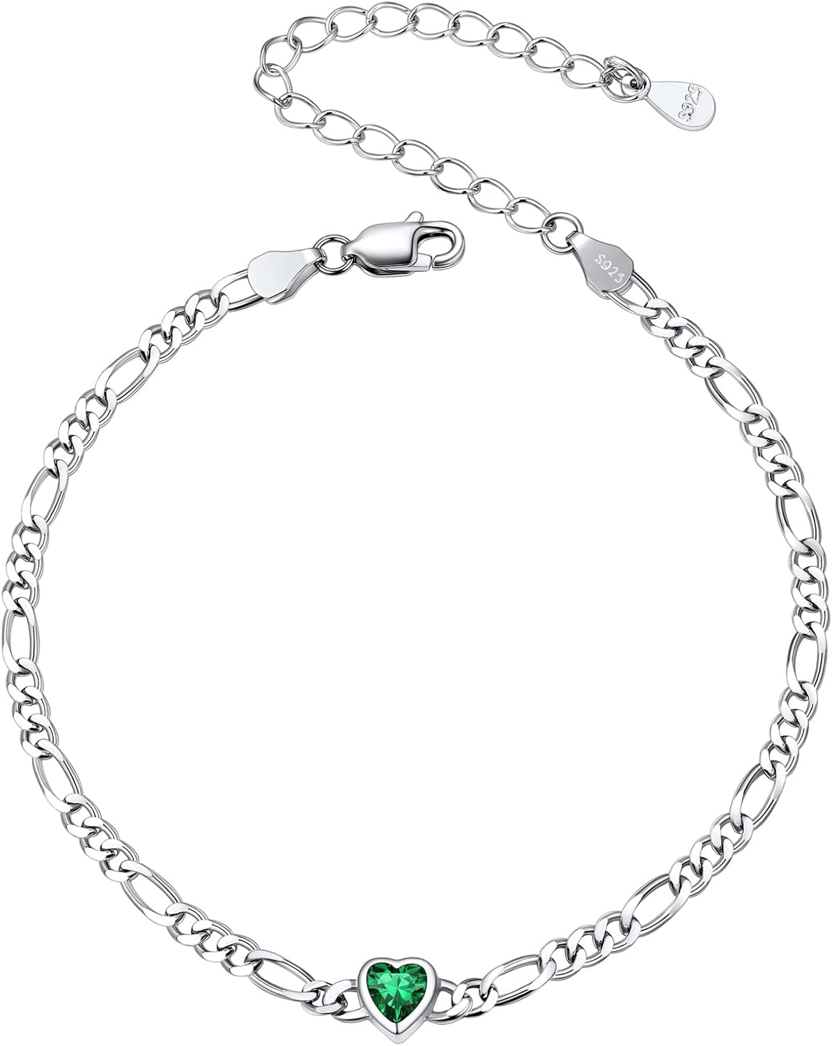 Figaro Chain Bracelets Resizable, Heart or Round Shape Link Charm Bracelet Birthday Gift Bracelet for Women, Sterling Silver Birthstone Bracelets 16-21CM