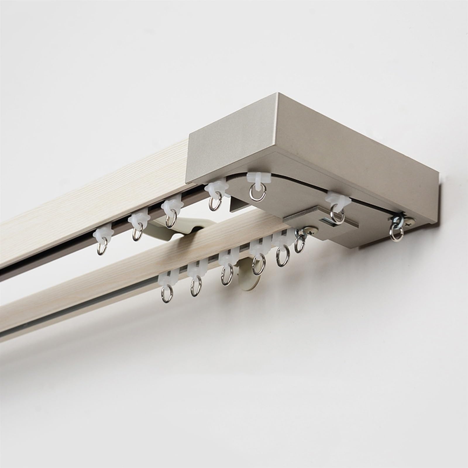 Wytrzymałe podwójne karnisze z cichym systemem szyn, aluminiowe wykończenie słojów drewna, 200 cm, do montażu na ścianie, do dzielenia pokoju, rolki Easy Glide (białe)