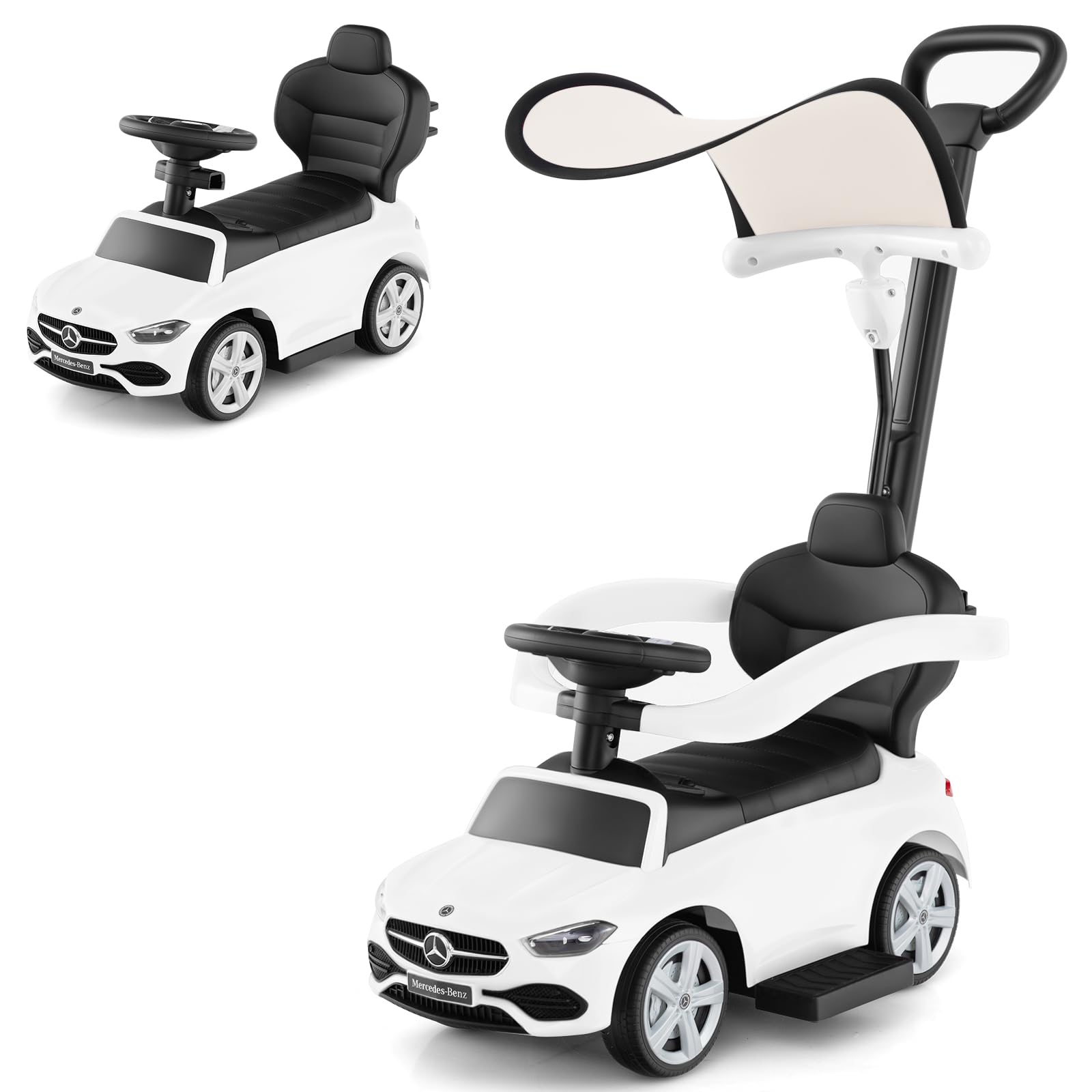 OLAKIDS Push Car for Toddlers 1-3, 3 in 1 Licensed Mercedes Benz Baby Sliding Walking with Parent Control Handle Adjustable Canopy Guardrail Under Seat Storage, Kids Ride on Toys with Horn (Ivory)
