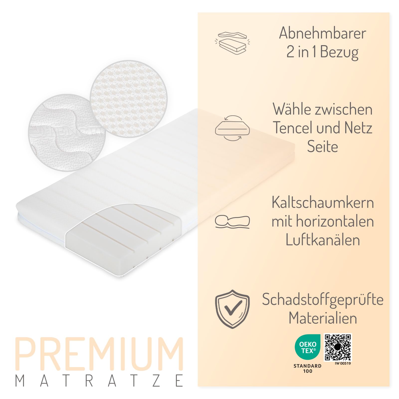 FabiMax Babybett Kinderbett Nubi Natur 120x60cm, aus naturbelassenem Buchenholz, 6-Fach höhenverstellbar, mit 4 Schlupfsprossen (Matratze Premium, Natur)
